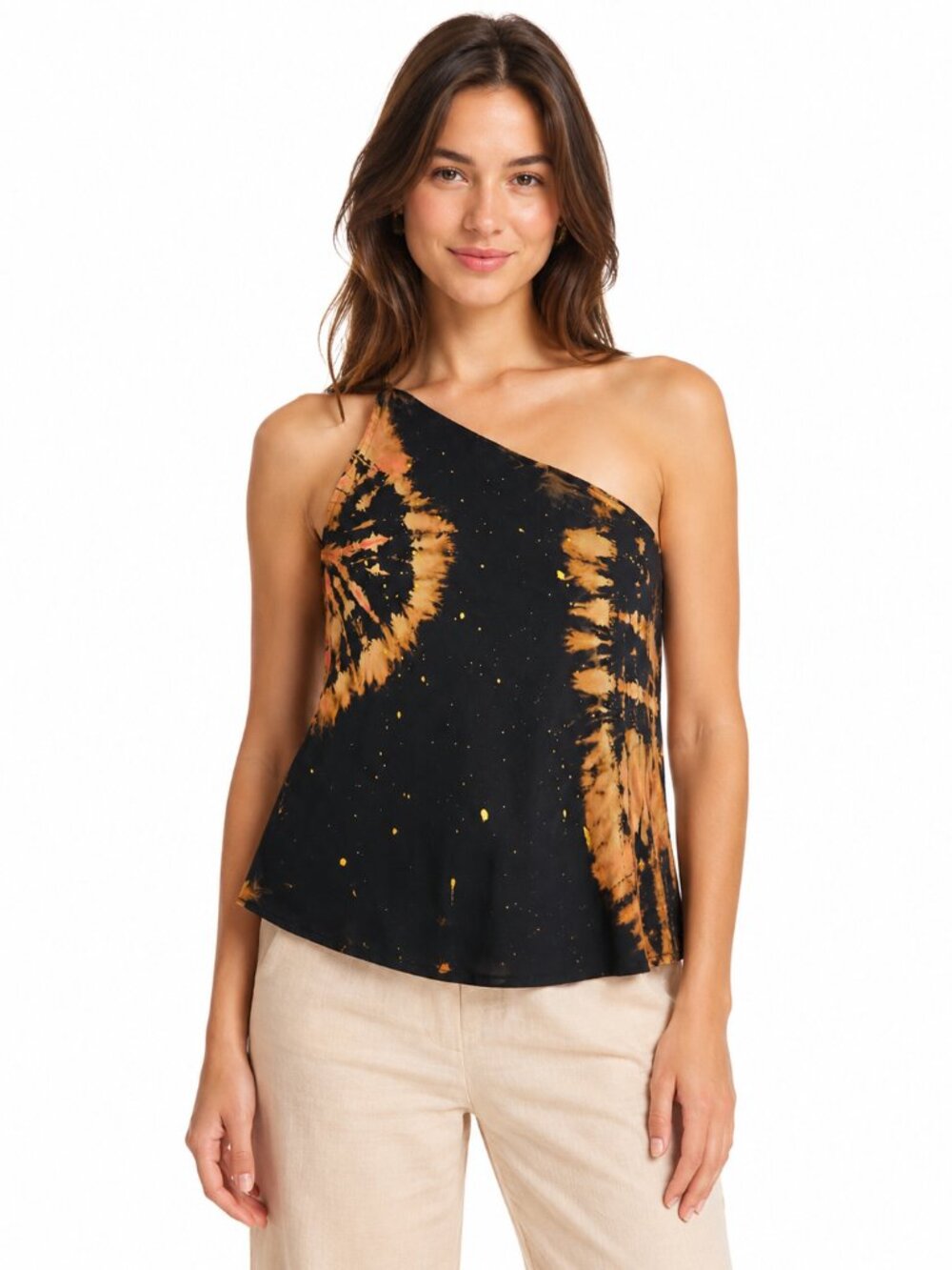 Caravan One Shoulder Tie Dye Rayon Top Black Gold Pink One Size